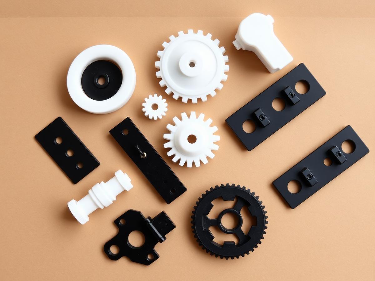 Flat lay of black and white 3D printed gears, brackets, hinges, and knobs on kraft paper