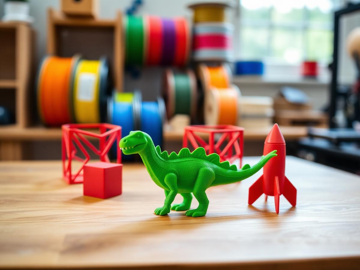3D printed green dinosaur, red cube, and rocket on a workshop bench